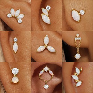 gold opal sterling silver upper vertical hidden helix cartilage dangle piercing crystal chain detail trendy flatback labret cz cubic zircona