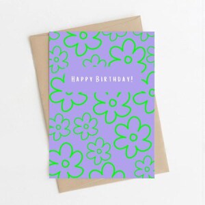 Feliz cumpleaños - tarjeta de felicitación de celebración - Margarita floral linda niña lila