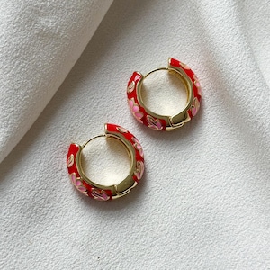 Florence - 18k Gold Floral Enamel Hoop Earrings- Red