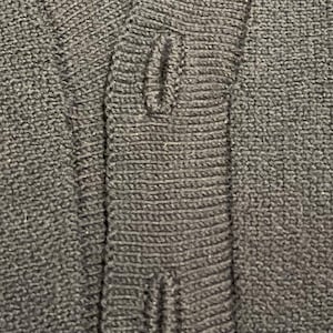 May include: Close-up of a dark gray knit fabric with two buttonholes. The fabric has a ribbed texture, and the buttonholes are vertically aligned. The image highlights the details of the knitwear, showcasing the texture and construction of the garment.
