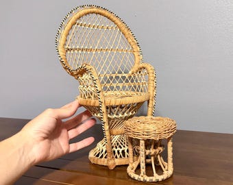 1970s Peacock Chair Plant Stand and Stool Woven Wicker Rattan 12 Inch Boho