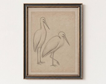 Vintage Stork Printable Wall Art – Minimalist Charcoal Bird Drawing Digital Download