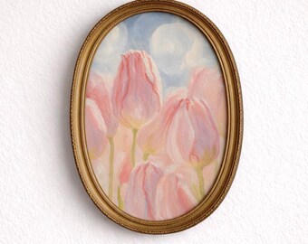 Pink Tulip Wall Art Print, Vintage Cottagecore Floral Painting, Farmhouse Botanical - Digital Download
