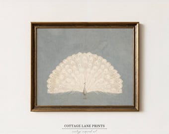 Soft White Peacock Wall Art, Cottagecore Bird Print, Romantic Vintage Art, Printable Digital Download