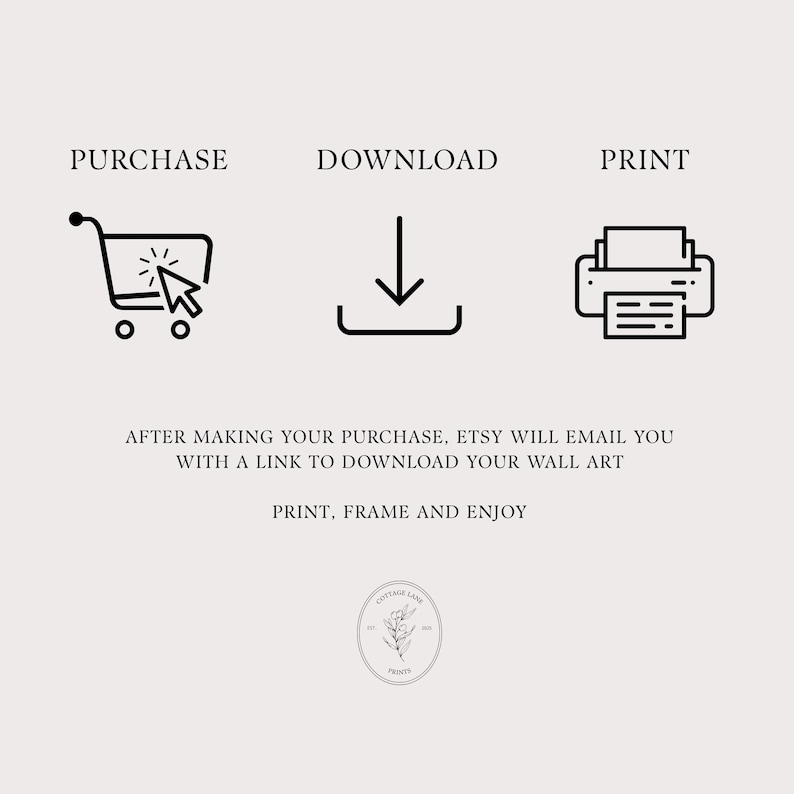 May include: A digital instruction graphic featuring three black line icons representing purchase, download, and print. Text reads: PURCHASE, DOWNLOAD, PRINT, AFTER MAKING YOUR PURCHASE, ETSY WILL EMAIL YOU WITH A LINK TO DOWNLOAD YOUR WALL ART, PRINT, FRAME AND ENJOY, and a small oval logo.