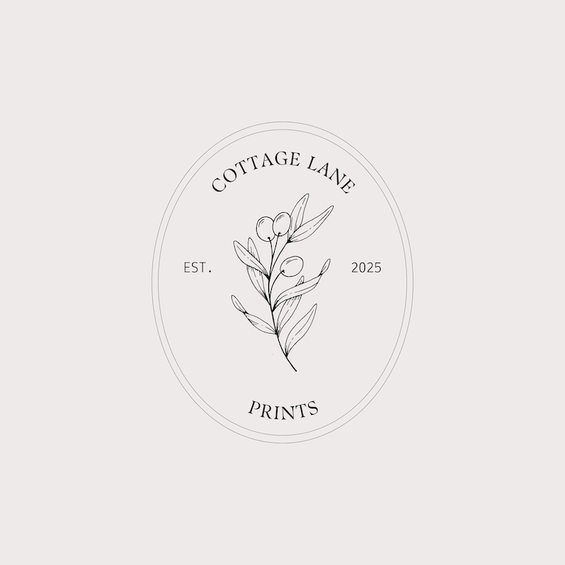 May include: A black and white oval logo featuring a central line drawing of a leafy olive branch. The text COTTAGE LANE is arched at the top, PRINTS is at the bottom, and EST. 2025 is positioned on the left and right sides of the central illustration.