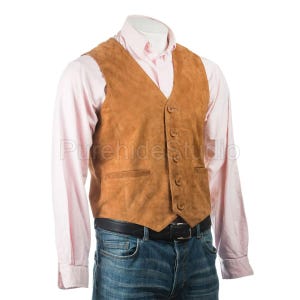 Men&#39;s Suede Leather Western Vest: Brown Waistcoat with Adjustable Strap