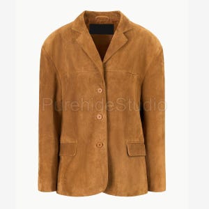 Women&#39;s Tan Suede Leather Blazer - Classic Button-Up Jacket with Flap Pockets & Soft Lining, Elegant Casual Fall Outerwear