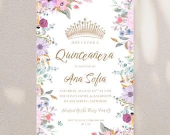 Floral Quinceañera Invitation Template: Elegant 15th Birthday Invite (Digital Download)