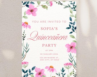 Floral Quinceañera Invitation Template: Elegant 15th Birthday Invite (Digital Download)