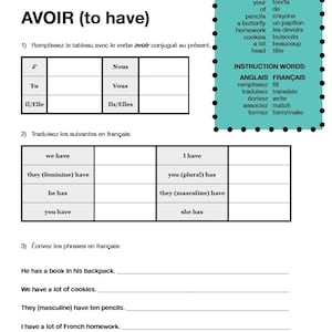 AVOIR au présent - French Practice Worksheet (a)