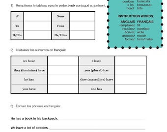 May include: A worksheet from Miss Rochelle's tutoring services, teaching the French verb "avoir" (to have). The worksheet includes fill-in-the-blank exercises, translation tasks, and sentence writing practice. Includes English-French vocabulary.