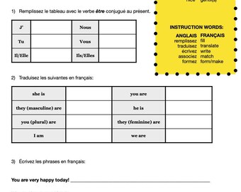 May include: A worksheet from Miss Rochelle tutoring services, teaching the French verb "to be". The document includes fill-in-the-blank exercises, translation tasks, and sentence construction activities. A yellow box provides English-French vocabulary.