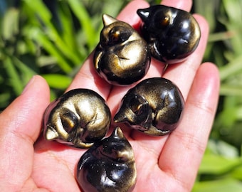 Hand Carved Obsidian Sleeping Cat: Crystal Healing Decor
