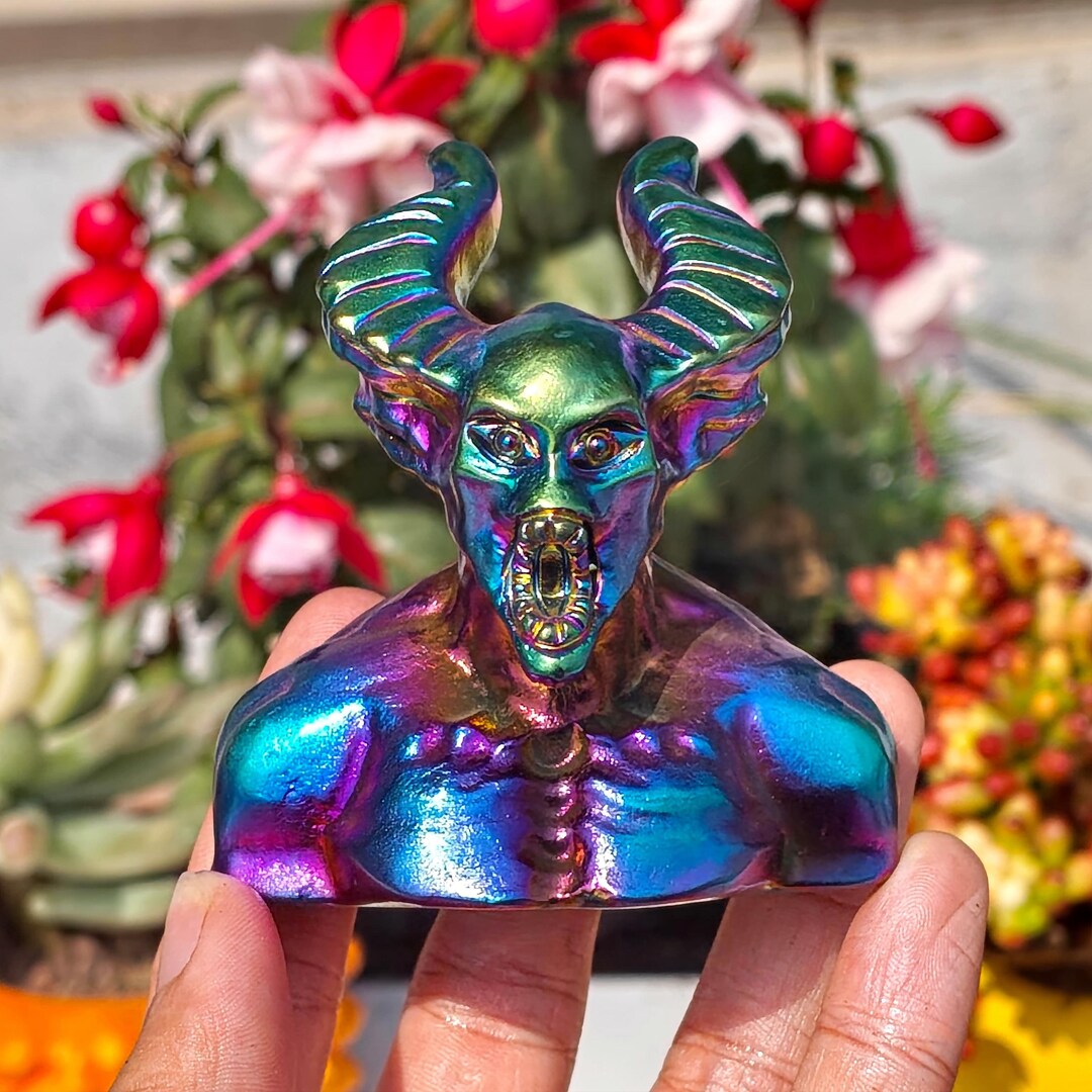 Rainbow Titanium Demon Carving, Hand Carved Crystal Figurine, Fantasy ...