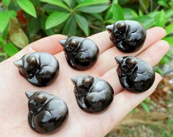 Carved Silver Obsidian Sleeping Cat: Crystal Healing Decor
