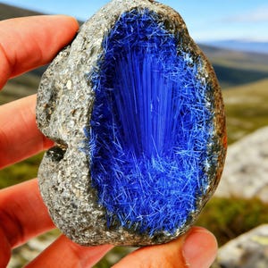 Può includere: Una mano tiene una roccia grigia ruvida con una cavità profonda piena di vibranti cristalli blu radianti. I cristalli hanno un aspetto simile ad un ago, creando un contrasto sorprendente con la consistenza della pietra. Lo sfondo mostra un paesaggio naturale sfocato.