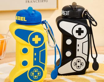 Gepersonaliseerde opvouwbare siliconen bidon voor kinderen 20 oz controllervorm, gamerfles, kinderbeker, terug naar school-cadeaus, gamingverjaardag
