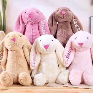 May include: Five plush bunny rabbits in various pastel colors: pink, light pink, tan, brown, and white. Each bunny has long floppy ears, a pink nose, and embroidered names on the ears. The bunnies are soft and cuddly.