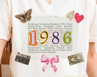 Vintage 1986 T-shirt with Pearls and Pink Bow, Women's 40th Ransom Letters Birthday Shirt, Fortieth Anniversary Gift for Book Lover