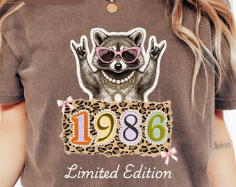Retro Raccoon Leopard Print T-shirt, 1986 Limited Edition Pink Coquette Shirt, Womens 40th Birthday Tee Shirt, Fortieth Anniversary Gift