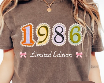 Retro 1986 Limited Edition T-shirt with Pearls and Pink Coquette, Womens 40th Ransom Note Birthday Shirt, Fortieth Anniversary Gift for Her