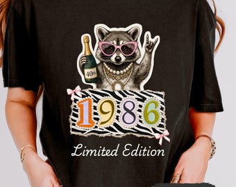 Raccoon Zebra Print T-shirt, Retro 1986 Limited Edition Pink Coquette Shirt, 40th Champagne Bottle Birthday Tee, Fortieth Anniversary Gift