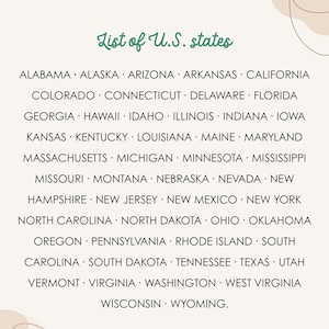 May include: A list of all 50 U.S. states in a simple, easy-to-read format. The title "List of U.S. states" is in a handwritten-style font. The states are listed alphabetically in a black sans-serif font on a cream background.