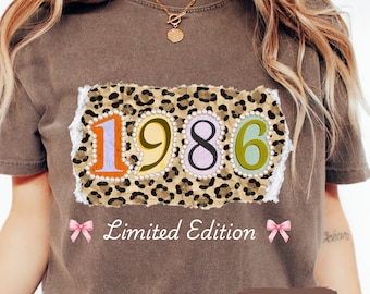 Retro 1986 Limited Edition T-shirt with Pearls & Pink Coquette, Womens 40th Leopard Print Birthday Shirt, Fortieth Anniversary Gift for Her