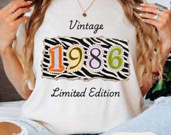40th Zebra Print Birthday Shirt, Vintage 1986 with Pearls Limited Edition T-shirt, Fortieth Anniversary Gift for Her, Born in 1986 Tee Shirt