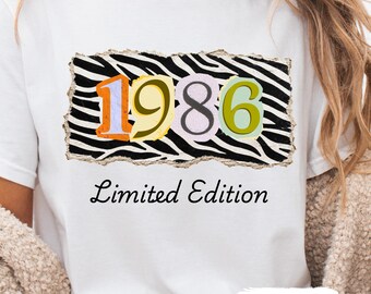 Retro 1986 Limited Edition T-shirt with Zebra Print, Women's 40th Animal Print Birthday Shirt, Fortieth Anniversary Gift for Her