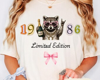 Raccoon 1986 Limited Edition T-shirt with Pearls and Pink Coquette, Womens 40th Champagne Birthday Shirt, Fortieth Anniversary Gift for Her