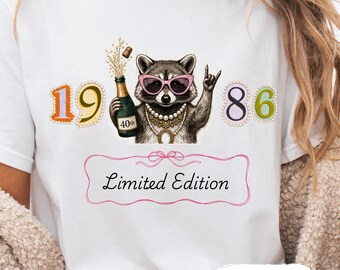 Feral with Pearls T-shirt, Womens 1986 Limited Edition Pink Scallop Shirt, 40th Champagne Bottle Birthday Tee, Fortieth Anniversary Gift