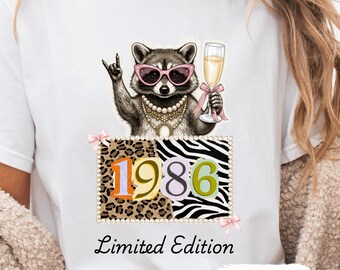 Raccoon 1986 Limited Edition Pink Coquette Shirt, Leopard and Zebra Pattern T-shirt, Womens 40th Birthday Tee, Fortieth Anniversary Gift