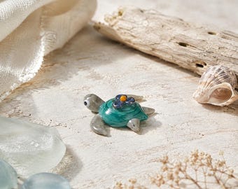 Handmade Glass Sea Turtle Figurine | Murano-Style Lampwork Sculpture | Floral Coastal Decor | Turtle Lover Gift