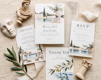 May include: A wedding stationery set featuring a main invitation, RSVP card, details card, and thank you note. Each piece displays watercolor illustrations of a swimming pool, cypress trees, and olive branches with text in serif font.