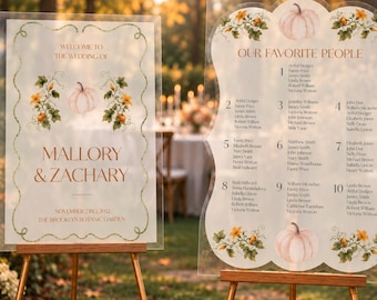 May include: Two clear acrylic wedding signs on wooden easels. The left sign reads Welcome to the Wedding of Mallory & Zachary, November 23rd, 2032, The Brooklyn Botanic Garden. The right sign, Our Favorite People, lists ten tables with names.