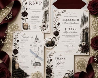 Könnte beinhalten: Ein Hochzeitspapeterie-Set bestehend aus cremefarbenen Karten mit schwarzer Tinte, die gotische Architektur, dunkle Rosen und Kerzen zeigen. Das Set enthält eine Einladung, eine RSVP-Karte, eine Detailkarte mit einer Landkarte, eine Dankeskarte und ein herzförmiges Schloss.