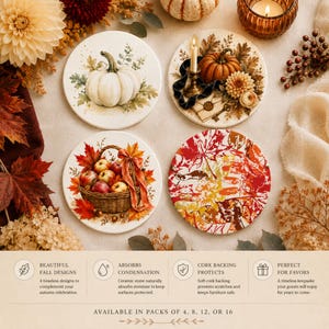 May include: A set of four round ceramic coasters featuring autumn-themed illustrations: a white pumpkin, a pumpkin with a candle and envelope, a basket of apples, and a vibrant pattern of red, orange, and yellow maple leaves on a white background.