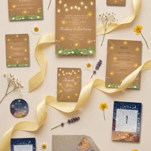 Fireflies Wedding Invitation Set Printed, Semi Custom, Suite includes envelopes, calligraphy addresses + stamps optional