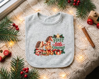 Baby's First Christmas Bib with Toy Print, Velcro Closure, Grey or Green Heather