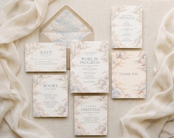 May include: A stationery set featuring a cream-colored envelope with a blue and white cloud print lining, accompanied by matching cards labeled RSVP, The Finer Details, Work In Progress, Books For Baby, A Little Essential, and Thank You.