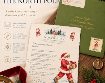 May include: A personalized letter from The North Pole featuring a Santa Claus illustration, a green envelope addressed to Emma Taylor, and a decorative stamp. The letter includes text about Christmas magic and a signature from S. Claus.