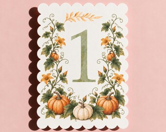 Autumn Pumpkin Watercolor Table Numbers, PRINTED set, Scalloped Edge Paper, Fall Wedding Decor