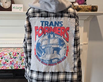 One-of-a-Kind Upcycled Transformers Flannel Shirt | Handmade Reworked Graphic Flannel | Size XL