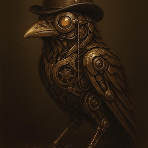 Steam Punk Raven Digital Wall Art – Mechanical Steampunk Bird Printable, Dark Fantasy Industrial Animal Artwork, Instant Download