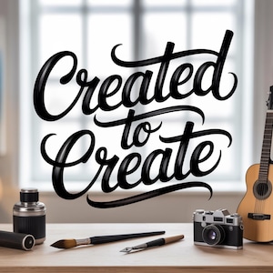 Op de afbeelding: Een stilleven met de woorden "Created to Create" in sierlijk schrift. De scène omvat een miniatuurgitaar, een vintage camera, inktflessen en kunstbenodigdheden, allemaal gerangschikt op een houten oppervlak.