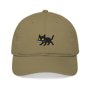 Premium Black Cat Embroidered Dad Hat, Unhinged Black Cat with Knife Design Baseball Cap for Men and Women, Adjustable Classic Hat