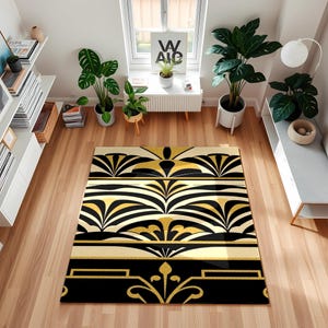 Art Deco Area Rug, Vintage Gold Black Digital Print Carpet, Glam Living Room Decor, Aesthetic Xmas Gift, Elegant Home Office Floor Mat