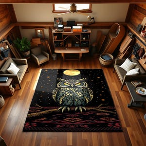 Owl Rug with Moon and Starry Night – Mystical Animal Carpet with Dark Forest Vibes – Boho Woodland Decor for Living Room or Bedroom - Cozy